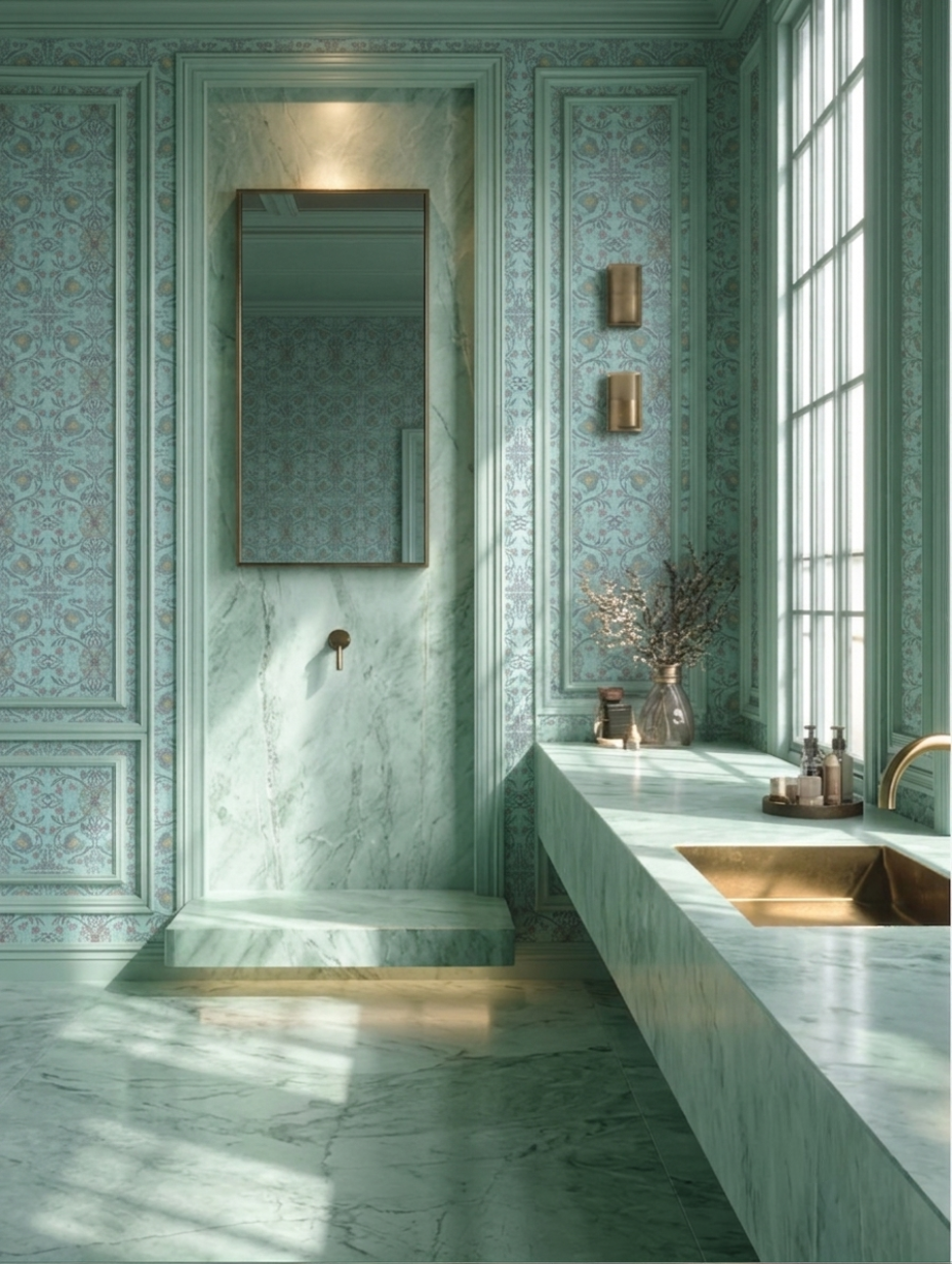 Aquarium Flower Mint Bathroom Wallpaper
